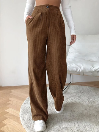 Décontracté Pantalons Plain Automne Urbain Naturel Velours Côtelé Boutons Long H-ligne Régulier pour Femmes