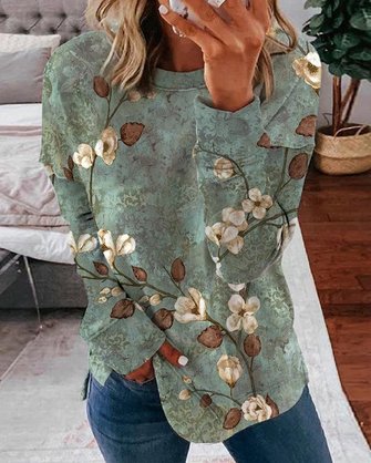 Sweat-shirts Décontracté Floral Hiver Polyester Naturel Domestique Manches Longues Régulier H-ligne pour Femmes