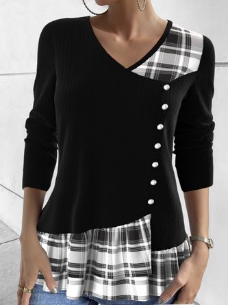 T-shirt Femmes Décontracté Plaid Printemps Spandex Ample Manches Longues Régulier Droit Régulier