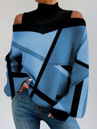 Sweat-shirts Géométrique Décontracté Hiver Tricoté Micro-Élasticité Ample Col Roulé Régulier H-ligne pour Femmes