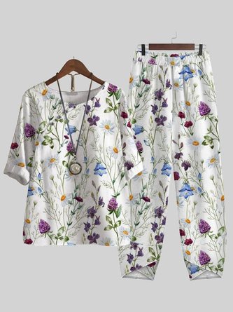 Deux Pièces Ensembles Décontracté Floral Été Polyester Naturel Aucune élasticité Quotidien Droit Régulier pour Femmes