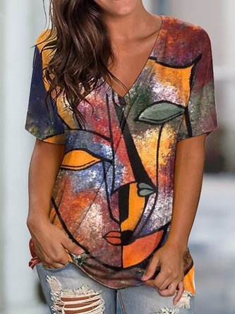T-shirts Décontracté Abstrait Été Polyester Col V Micro-élasticité Quotidien Ample Manches Courtes pour Femmes