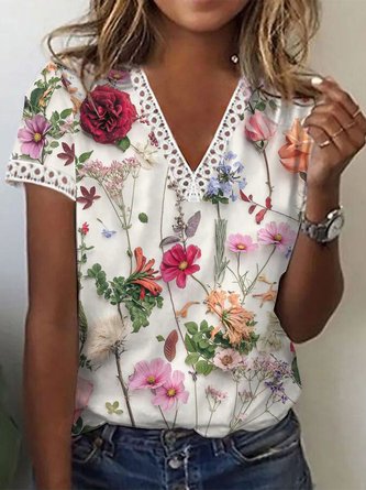 T-shirts Femmes Décontracté Floral Été Ample Manches Courtes Régulier Droit Régulier avec Bordure en Dentelle