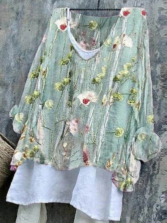 Chemises Femmes Floral Printemps / Automne en Lin Polyester Col V Quotidien Ample Droit Régulier