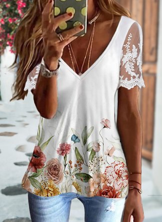 Chemises Décontracté Floral Été Polyester Col V Dentelle Manches Courtes Régulier Trapèze pour Femmes