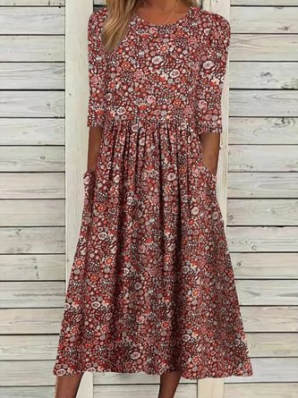 Robes Décontracté Été Disty Floral Naturel Micro-élasticité Ample Mi-longue Demi Manche Droit pour Femmes