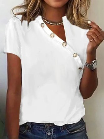 T-shirts Décontracté Plain Été Polyester Boutonné Manches Courtes Droit Régulier Asymétrique Collier pour Femmes