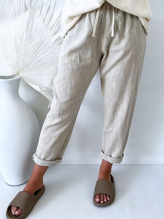 Pantalons Plain Toutes Les Saisons en Lin Cordon de Serrage Naturel Micro-élasticité Pantalon à la cheville Pantalon navet Régulier pour Femmes