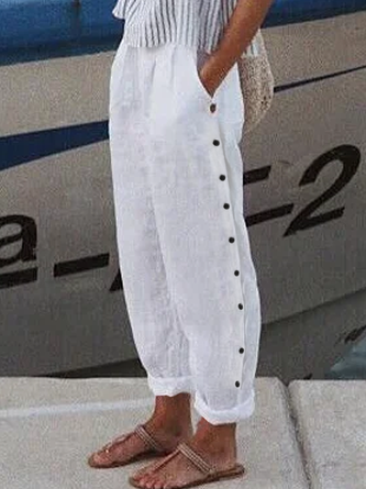 Pantalons Femmes Plain Toutes Les Saisons en Lin Boutonné Micro-élasticité Ample Bande Élastique Coton Et Lin Régulier