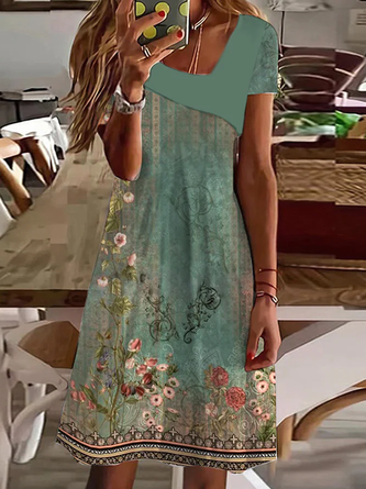 Robes Décontracté Floral Été Naturel Ample Asymétrique Manches Courtes Trapèze Régulier pour Femmes
