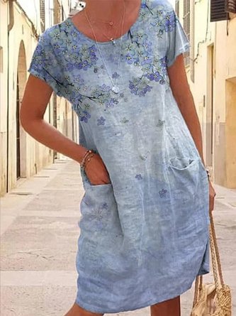 Robes Femmes Été en Lin Floral Motif Polyester Naturel Ample Mi-longue Manches Courtes Droit