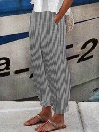 Pantalons Femmes Rayé Toutes Les Saisons en Lin Vacances Ample Bande Élastique Polyester Coton Long Régulier