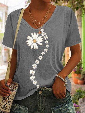 T-shirts Femmes Décontracté Floral Été Polyester Quotidien Ample Régulier Droit Élasticité moyenne