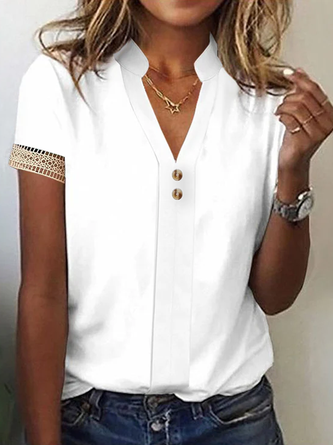 T-shirts Décontracté Plain Été Dentelle Micro-élasticité Fête Régulier Droit Col mi-ouvert pour Femmes