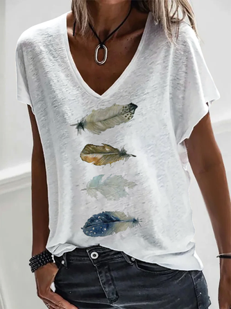 T-shirts Décontracté Été à Motif de Plume Col V Aucune élasticité Quotidien Jersey Droit CF pour Femmes