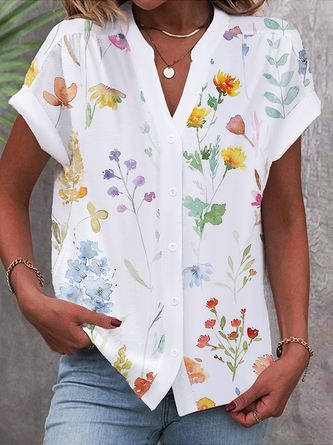 Chemises Décontracté Floral Été Polyester Naturel Ample Manches Courtes Régulier T.-N.-L. pour Femmes