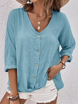 Blouses Femmes Plain Printemps / Automne en Lin Col V Quotidien Ample en Mélangé de Coton Droit Régulier