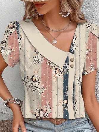 Chemises Décontracté Floral Été Polyester Léger Manches Courtes Droit Asymétrique Collier T.-N.-L. pour Femmes