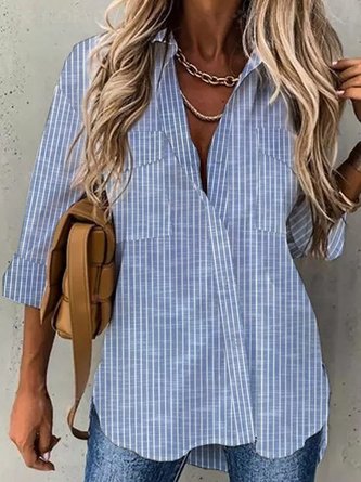 Blouses Rayé Décontracté Printemps / Automne Micro-élasticité Quotidien Ample Manches Longues Régulier Col de Chemise pour Femmes