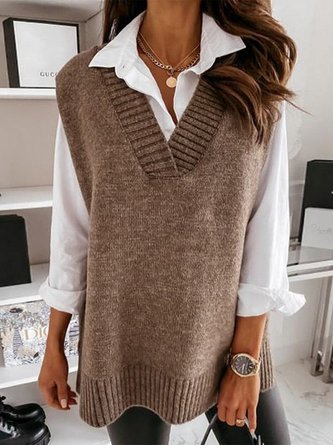 Pulls Décontracté Plain Automne Col V en Mélangé de Coton Quotidien Ample Droit T.-N.-L. pour Femmes