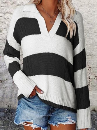 Pulls Femmes Rayé Décontracté Hiver Col V Poids lourd Ample Laine/Tricot Droit Élasticité moyenne