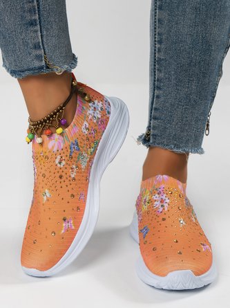 Tricoté à La Mouche Baskets Floral Sportif Toutes Les Saisons Haute-Élastique Quotidien à Talon Plat Bout Fermé Tissu de Maille Tissu pour Femmes