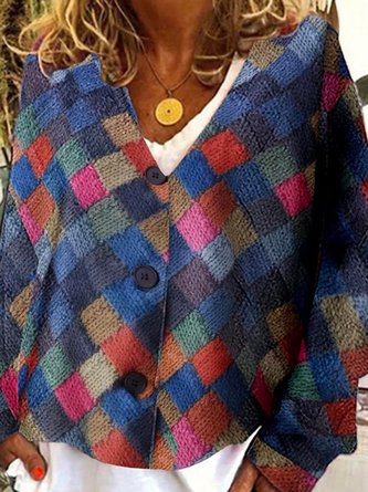 Cardigans Femmes Décontracté Bloc de Couleur Printemps / Automne Col V Boutonné à Haute Élasticité Quotidien Droit Régulier