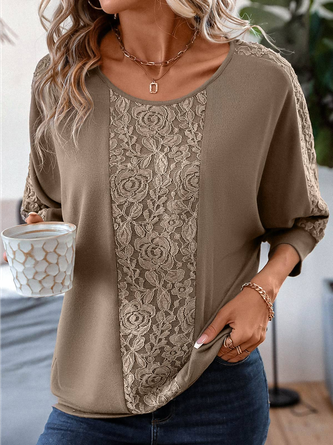 Sweat-shirts Décontracté Plain Printemps / Automne Ample Dentelle Manches Longues Col Rond Mi-long Droit pour Femmes