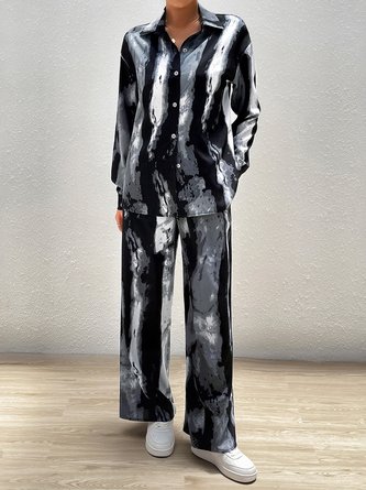 Deux Pièces Ensembles Décontracté Abstrait Printemps / Automne Micro-élasticité Ample Top Avec Pantalons Droit Régulier Col de Chemise pour Femmes