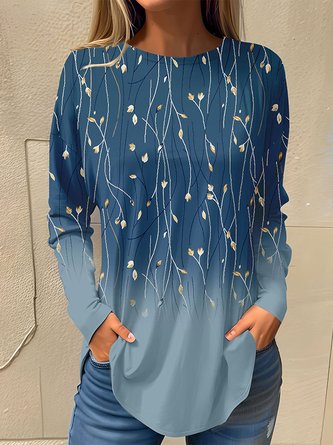 T-shirts Femmes Décontracté Floral Printemps / Automne Jersey Manches Longues Col Rond Droit Régulier Élasticité moyenne