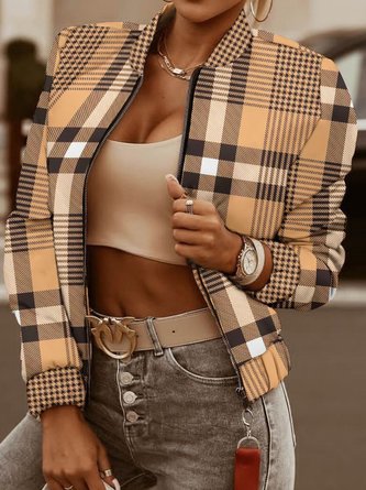 Blousons Décontracté Printemps / Automne Plaid Naturel Aucune élasticité Manches Longues Régulier Pilote Droit pour Femmes
