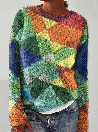 Pulls Femmes Décontracté Hiver Multicolore Bloc Ample Manches Longues Col Rond Régulier Droit Élasticité moyenne
