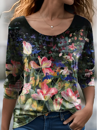 Chemisier Coton Polyester Basique Chemisier Femme Imprimé Col En V Manches 3-4 Casual Chemise Lâche Ete Décontracté Confortable Top Décontracté été
