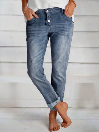 Jeans Casual Automne Coton-Mélangé Poches Pantalon mi-taille Coupe légère Pantalon droit pour femme