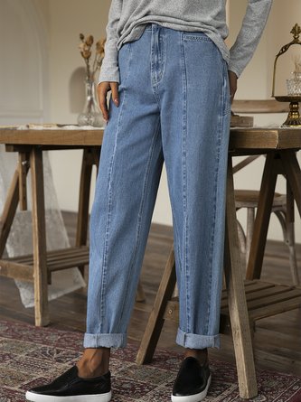 Jeans Femme Décontracté Plaine Automne Quotidien Vintage Lâche Long Pantalon mi-taille Coton-Mélangé