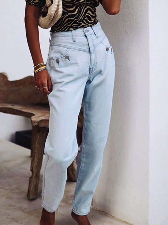 Jeans Femmes Décontracté Toutes Les Saisons Unicolore Zip Aucune élasticité Quotidien Ample Toile de Jean Droit