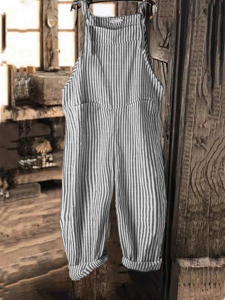 JFN cotton Vintage Black Gray Stripes Casual Jumpsuits
