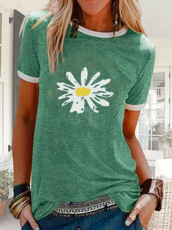 T-shirt Décontracté Floral Été Naturel Quotidien Jersey Manches courtes Col rond Régulier pour Femme