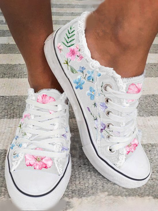Sneakers Sports Floral Toutes Saisons Toile Antidérapante Tissu EVA Lace Up Canvas pour Femme