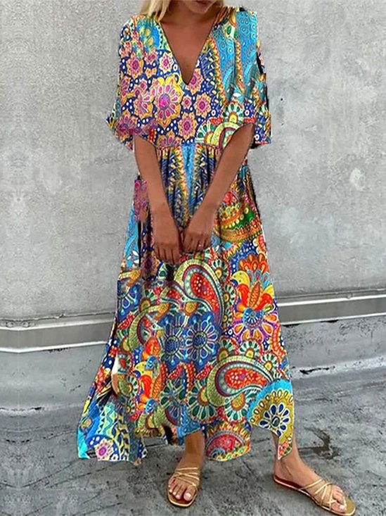 Robes Décontracté Ethnique Eté Col en V Taille Haute Léger Micro-élasticité Quotidien Maxi pour Femme