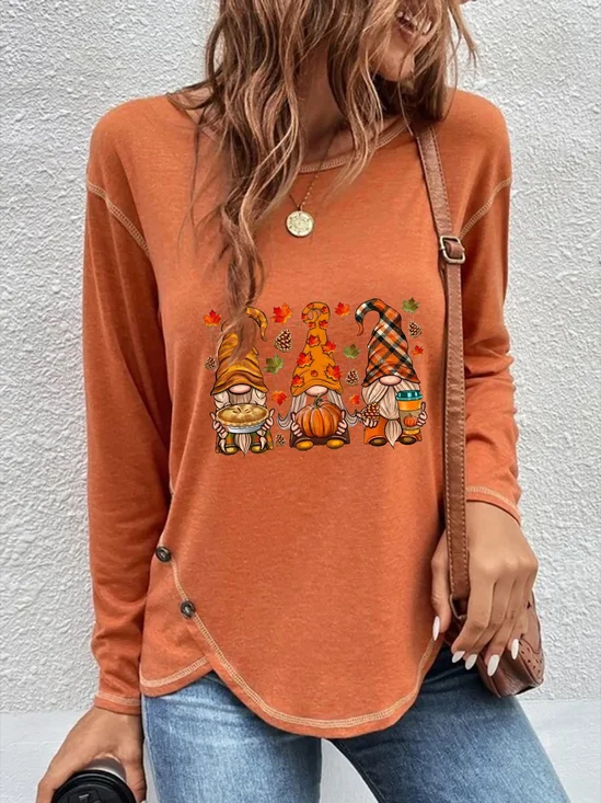 T-shirts Décontracté Printemps / Automne Toussaint Polyester Boutonné Ample Manches Longues Col Rond Régulier pour Femmes