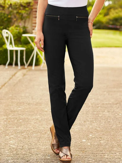 Mode Pantalons Décontracté Plain Automne Zip à Haute Élasticité Coupe Régulière Pantalon droit Long Régulier pour Femmes