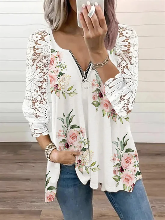 Chemises Décontracté Floral Printemps / Automne Naturel Micro-élasticité Quotidien Coupe Régulière Droit Régulier pour Femmes