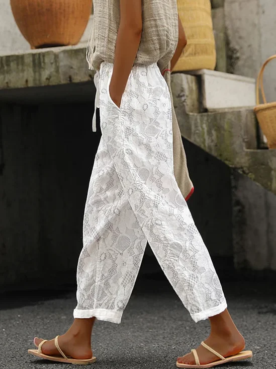 Pantalons Décontracté Floral Toutes Les Saisons Dentelle Naturel Ample Pantalon navet Ligne T Régulier pour Femmes