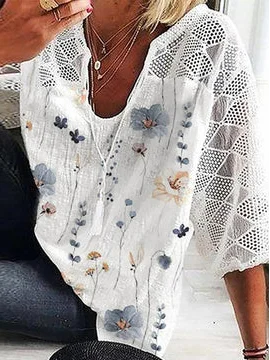 Chemises Floral Printemps / Automne en Lin en Lin Aucune élasticité Quotidien Manches 3/4 Droit Dentelle pour Femmes