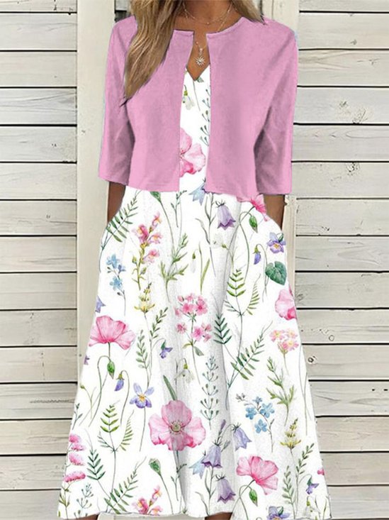 Deux Pièces Ensembles Femmes Floral Printemps / Automne Élégant Polyester Naturel Quotidien Manteau avec jupe Trapèze Élasticité moyenne