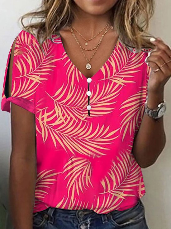 T-shirts Décontracté Été Feuille Polyester Boutonné Quotidien Manches Courtes Régulier Élasticité moyenne pour Femmes