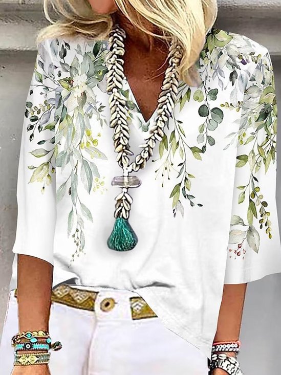 Chemises Décontracté Floral Printemps / Automne Polyester Col V Micro-élasticité Meilleure vente Manches 3/4 Régulier pour Femmes