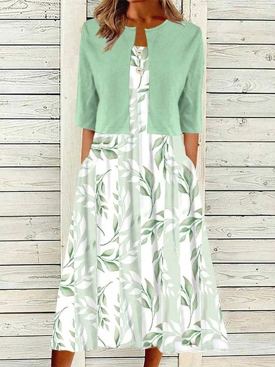 Deux Pièces Ensembles Femmes Floral Printemps / Automne Élégant Léger Coupe Régulière Manches 3/4 Col Rond Manteau avec jupe Élasticité moyenne