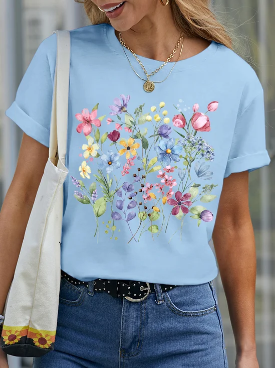 T-shirts Décontracté Floral Été Aucune élasticité Quotidien Coupe Régulière Manches Courtes Col Rond Droit pour Femmes